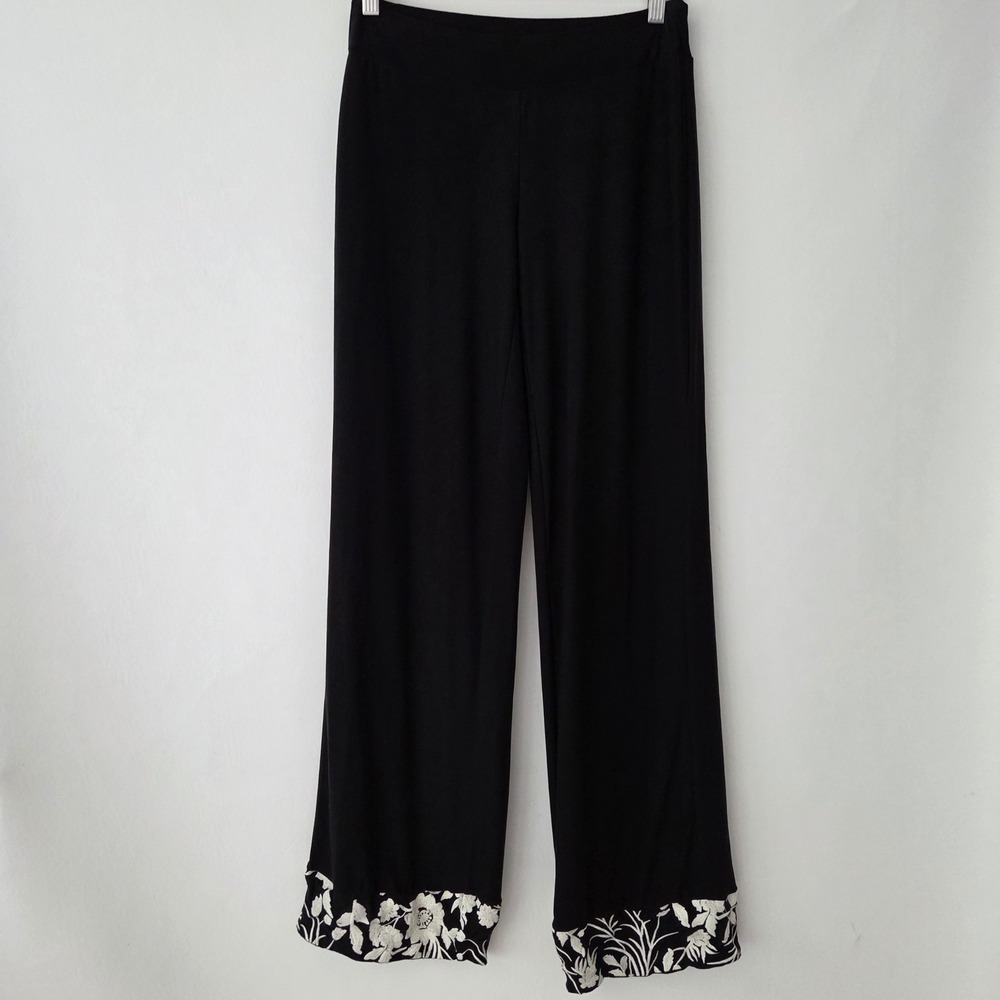 Soma Lounge Pants Black Floral Embroidered Hem Wide Leg Womens XS